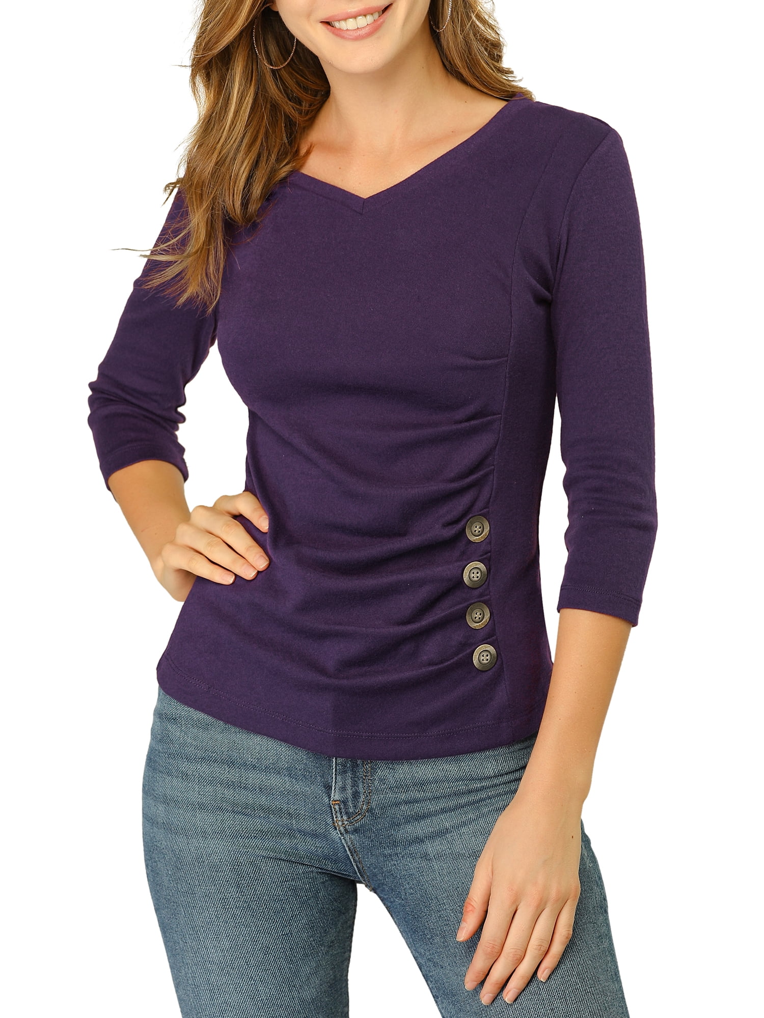 DARING DIVA V Neck Knitted Buttons Decor Ruched Blouse Top 2XL Purple
