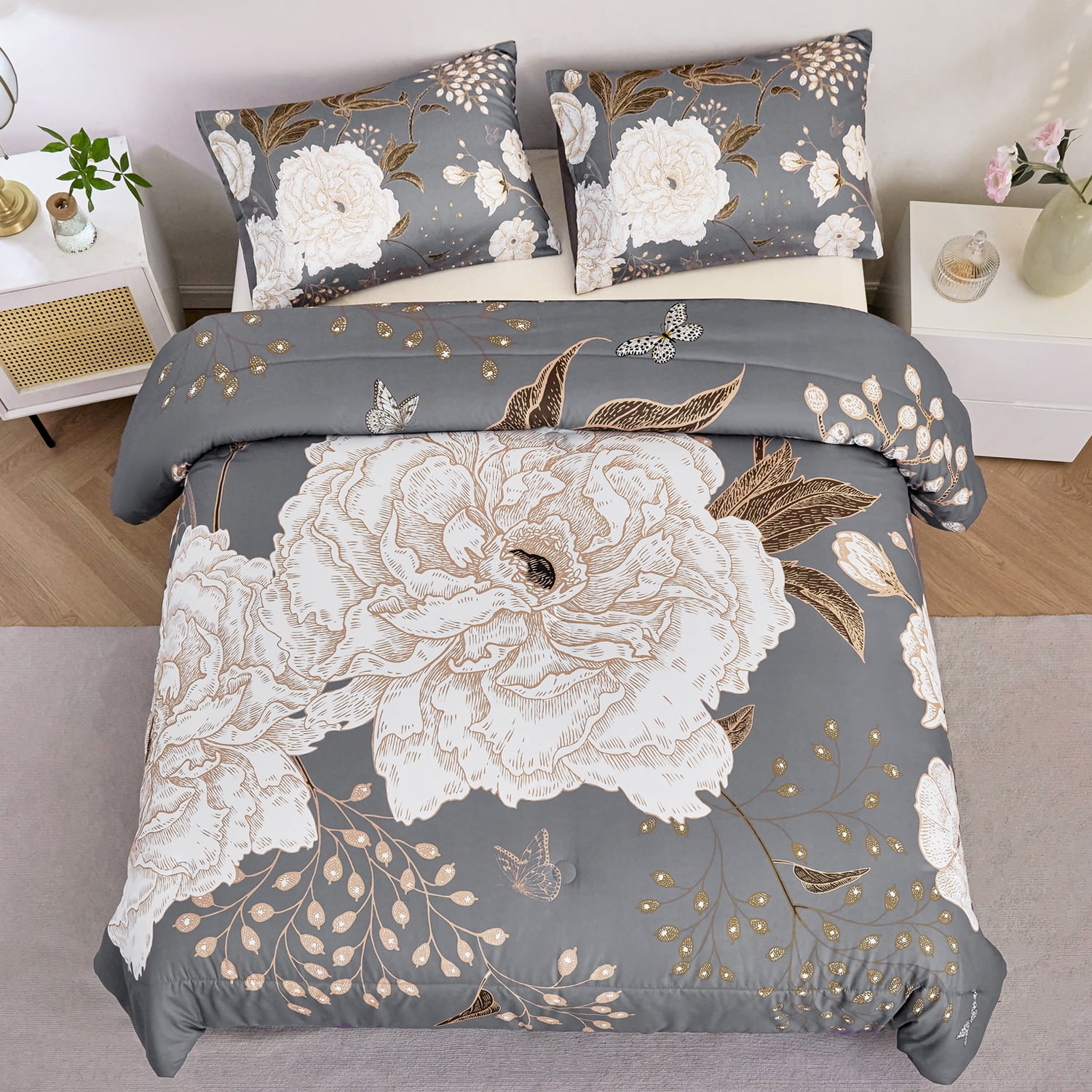 URBONUR 3 Pcs Floral Botanical Comforter Set Full Size White FLowers Bedding Set Gold Leaves Butterfly Printed on Grey Comforter Farmhouse Bedding Set for All Season