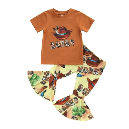 

Frobukio Kids Toddler Girls Western Cowboy Clothes Sets Cartoon Letter Short Sleeve T-Shirt Hat Pattern Flare Pants Brown 2-3 Years
