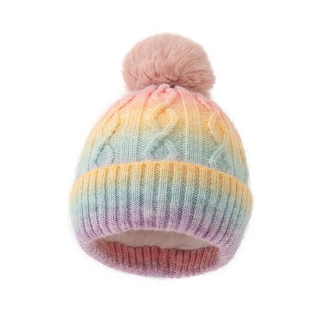 Pink Gradient Color Winter Knitted Thickened Woolen Hat For Men And Women Warm And Cold Protection With Pom Pom Size L Length 10.63 Inches In Pink