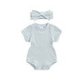 thumbnail image 2 of Yunliwuli Newborn Girl Outfit, Short Sleeve Crew Neck Solid Bodysuit with Bowknot Headband Summer Clothes, 2 of 10