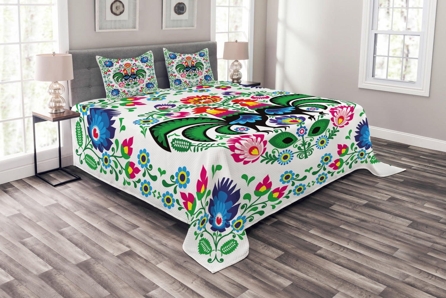 Folk Art Bedspread, Traditional Folkloric Polish Wzory Lowickie with