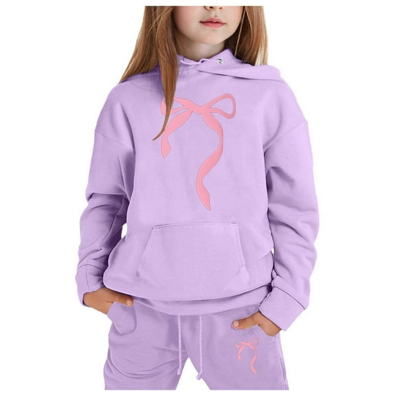 CAIXIA Girls Fall Outfits Size 14-16 Stylish Girls Hoodie Set Featuring Adorable Bow Design For Playful Everyday Wear,Light Purple