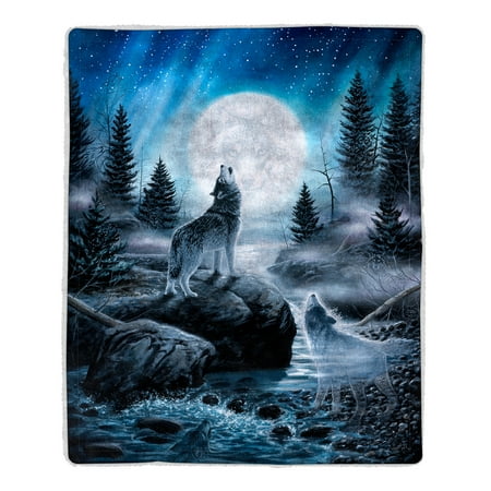 Wolf Plush Blanket Sherpa Fleece Throw Blanket- Howling Wolf Pattern, Lightweight Hypoallergenic Bed or Couch Soft Plush Blanket for Adults and Kids by Somerset Home ()
