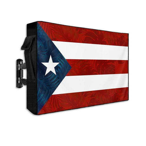 Puerto Rico Flag Outdoor TV Cover 40 to 43 Inch Weatherproof, Palm Leaf Botanical Red Striped Blue Star 600D Oxford TV Covers with Waterproof Zipper, Outside Flat TV Screen Protector 40"Wx25"Hx4.5"D