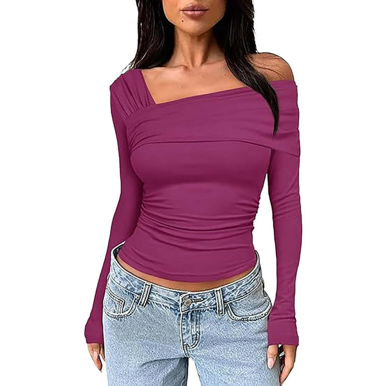 TANGNADE Women's One Off Shoulder Long Sleeve Top Ruched