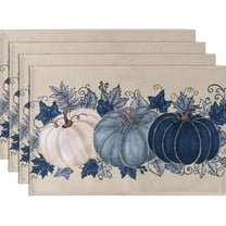 Fall Thanksgiving Placemats Set of 4,Buffalo Plaid Blue Vintage Pumpkin Maple Leaf Decorative Autumn Harvest Farmhouse Place Mat for Kitchen Dining Home Party Decoration 12x18 Inch