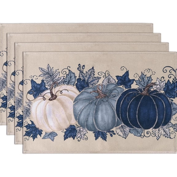 Fall Thanksgiving Placemats Set of 4,Buffalo Plaid Blue Vintage Pumpkin Maple Leaf Decorative Autumn Harvest Farmhouse Place Mat for Kitchen Dining Home Party Decoration 12x18 Inch