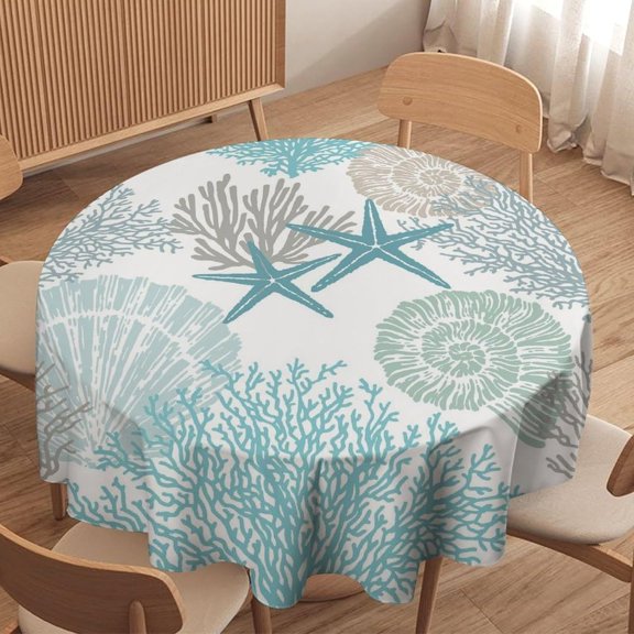 Nautical Coastal Tablecloth Beach Starfish Coral Seashell Art Printed Print Stain Table Resistant for Kitchen Dinning Outdoor Picnic Party Round 60x60in