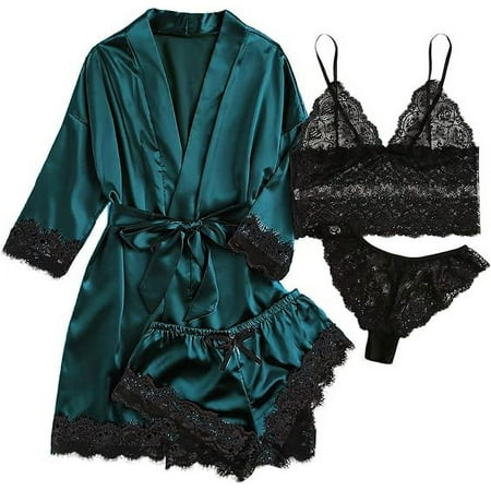 SkyAuks 4Pcs Women s Floral Lace Trim Cami Lingerie  Satin Pajama Set  Sleepwear with Robe  DarkGreen  L