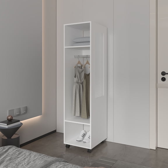 White Melamine Benson Wardrobe with Mirror & Open Storage, Mobile Dresser on Wheels, 63 x 15.7 x 18.9 inches for Bedroom Organization