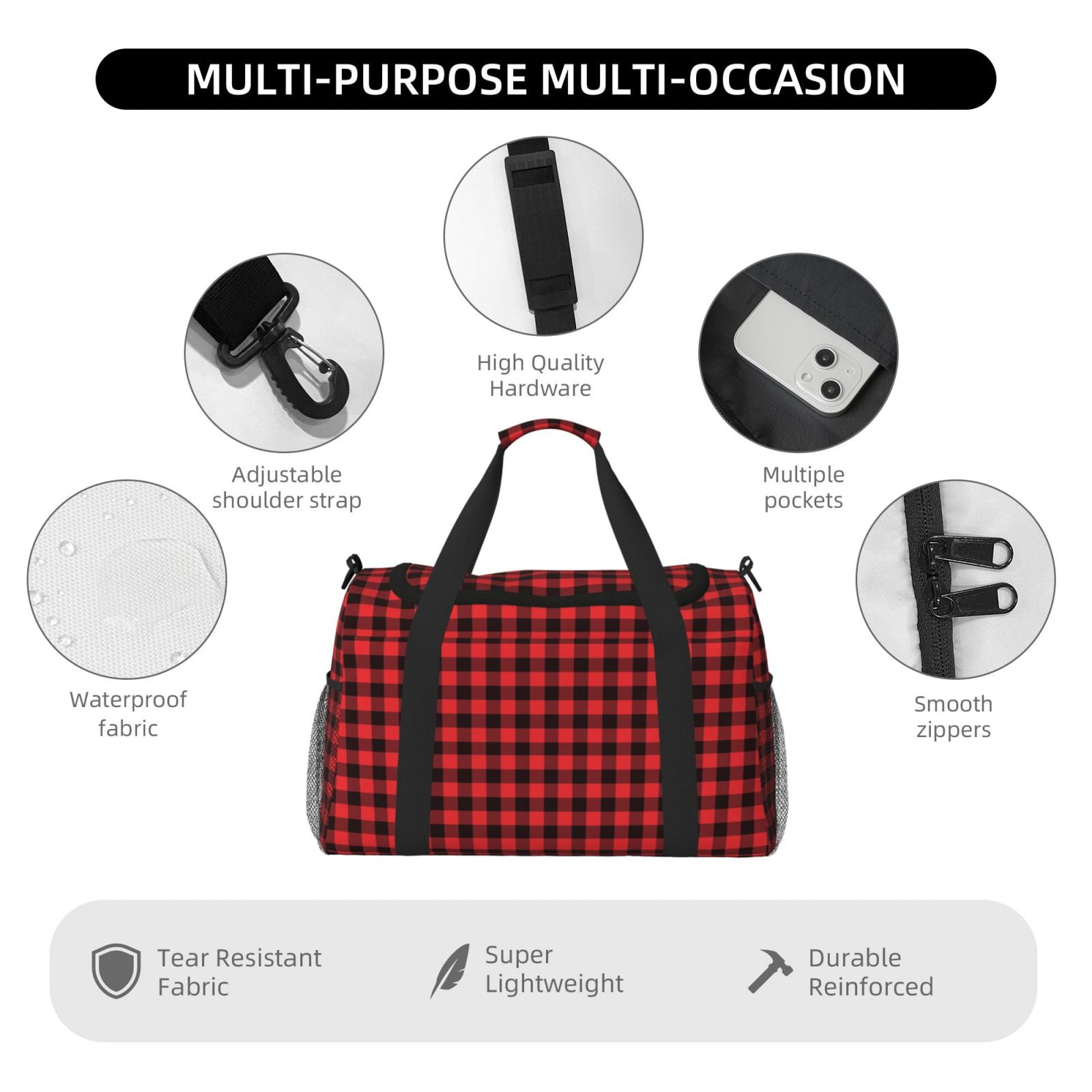 Fuzoiu Buffalo Plaid Red Black Print Travel Duffle Bag,Carry On Tote Bags,Duffel Bag,Sport Gym Bag, Hospital Bag for Labor and Delivery, Overnight Bag,Luggage Bag