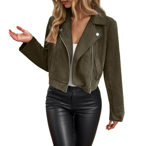 Cnbwig Jackets Women Fashion Coats Suede Short Jacket Solid Color Cropped Slim Fit Zip Up Stand Collar Outerwear Coat Cool Chamois Fall Winter Coats Outerwear Trendy A-Army Green L