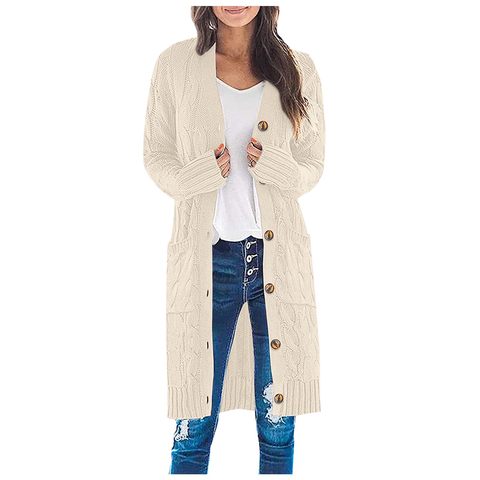 pensum granske Tage af Womens Long Sleeve Cable Knit Long Cardigan Open Front Button Sweater  Outerwear - Walmart.com