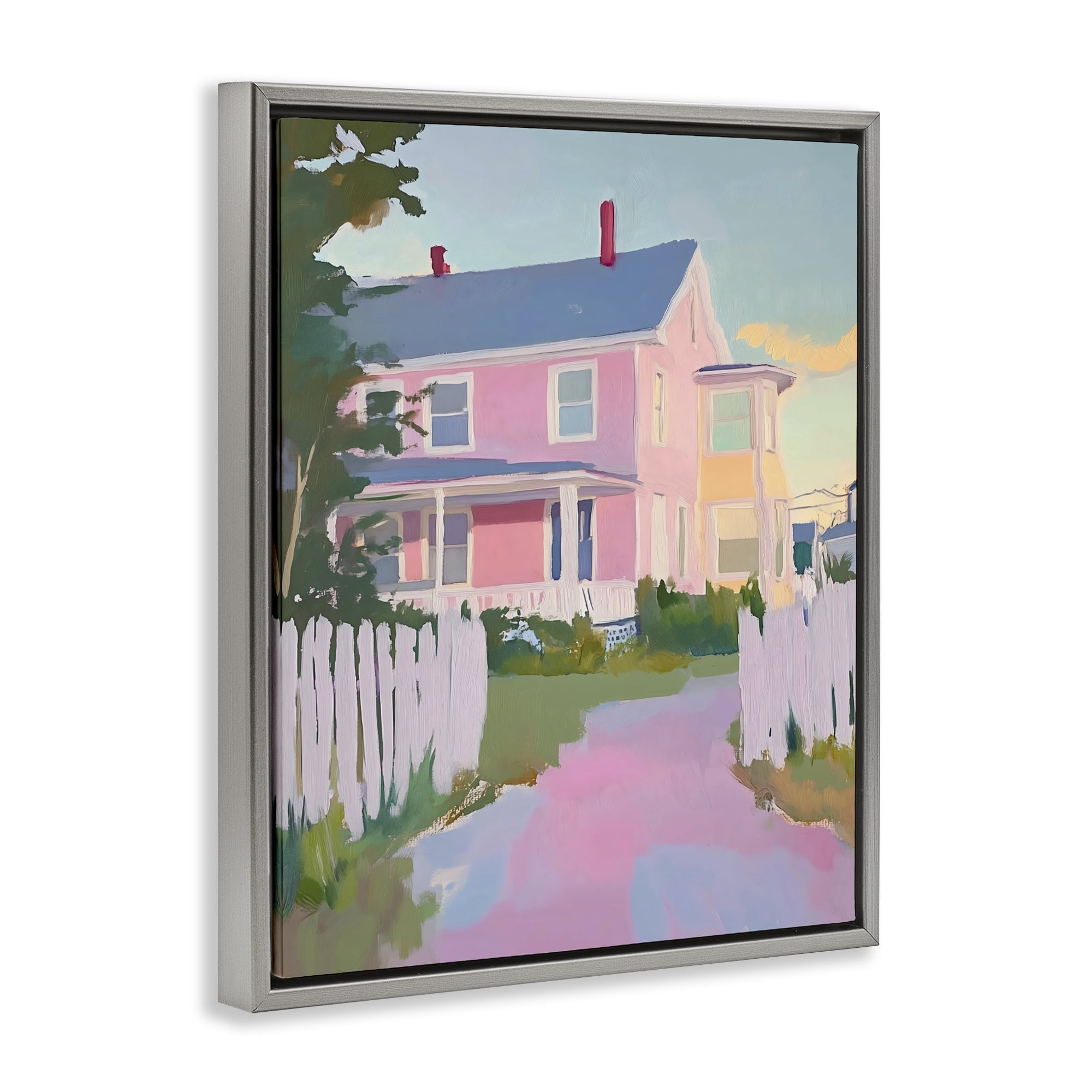 Stupell Industries Pastel Pink House with Fence Gray Framed Floater Canvas Wall Art, design by The Prints Vibe