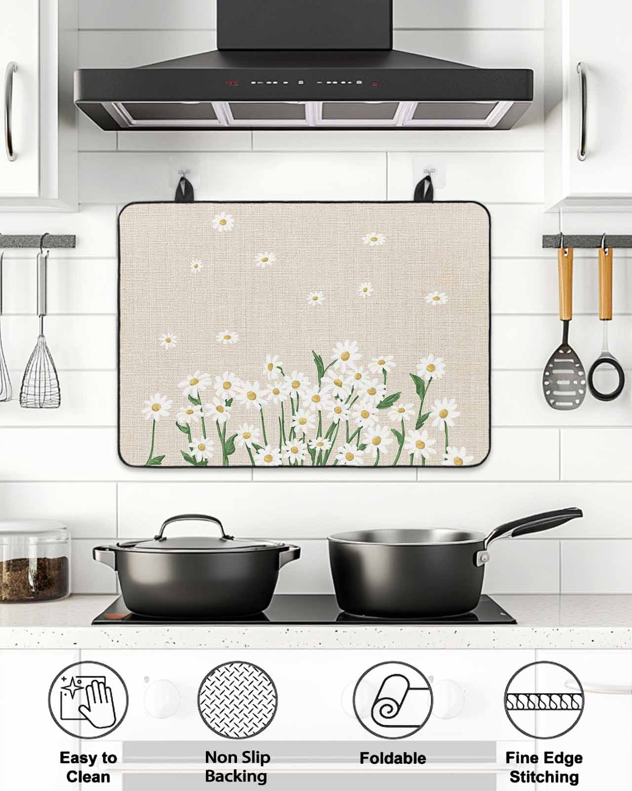 Stove Top Covers for Electric Stove, Spring Floral Glass Stovetop Cover Protector, White Daisy Farmhouse Linen Texture Induction Cooktop Protector Oven Mat for Kitchen Countertop 24"x21"