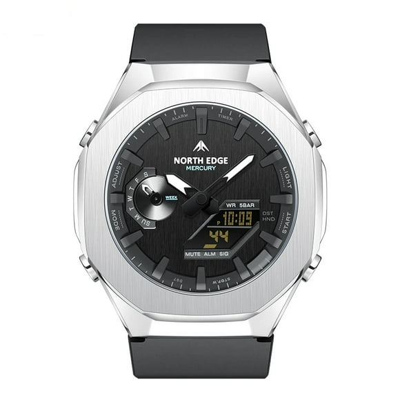 Reloj deportivo de cuarzo para hombre, cronómetro para exteriores, despertador con calendario, pantalla semanal, banda de goma resistente al agua hasta 50M, hebilla de acero inoxidable,Plata