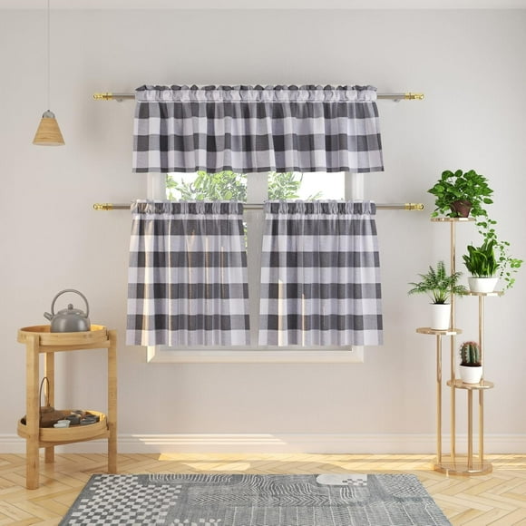 Ensemble de Rideaux de Cuisine à Carreaux Gris et Blanc 3 Pcs / 54 Pouces x 18 Pouces / 27 Pouces x 24 Pouces / Charme Campagnard Classique