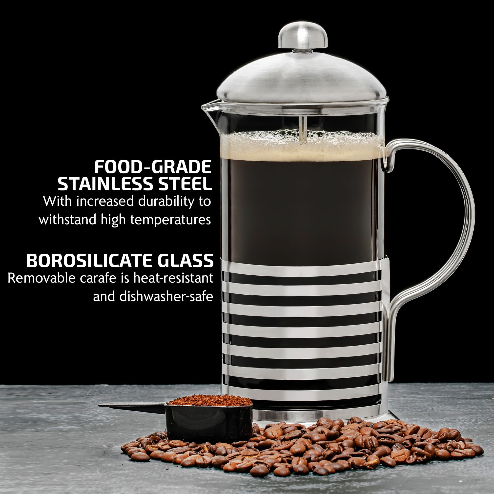 OVENTE 34 Ounce French Press Carafe Coffee & Tea Maker with Scoop, Easy to Clean, Silver FSH34S