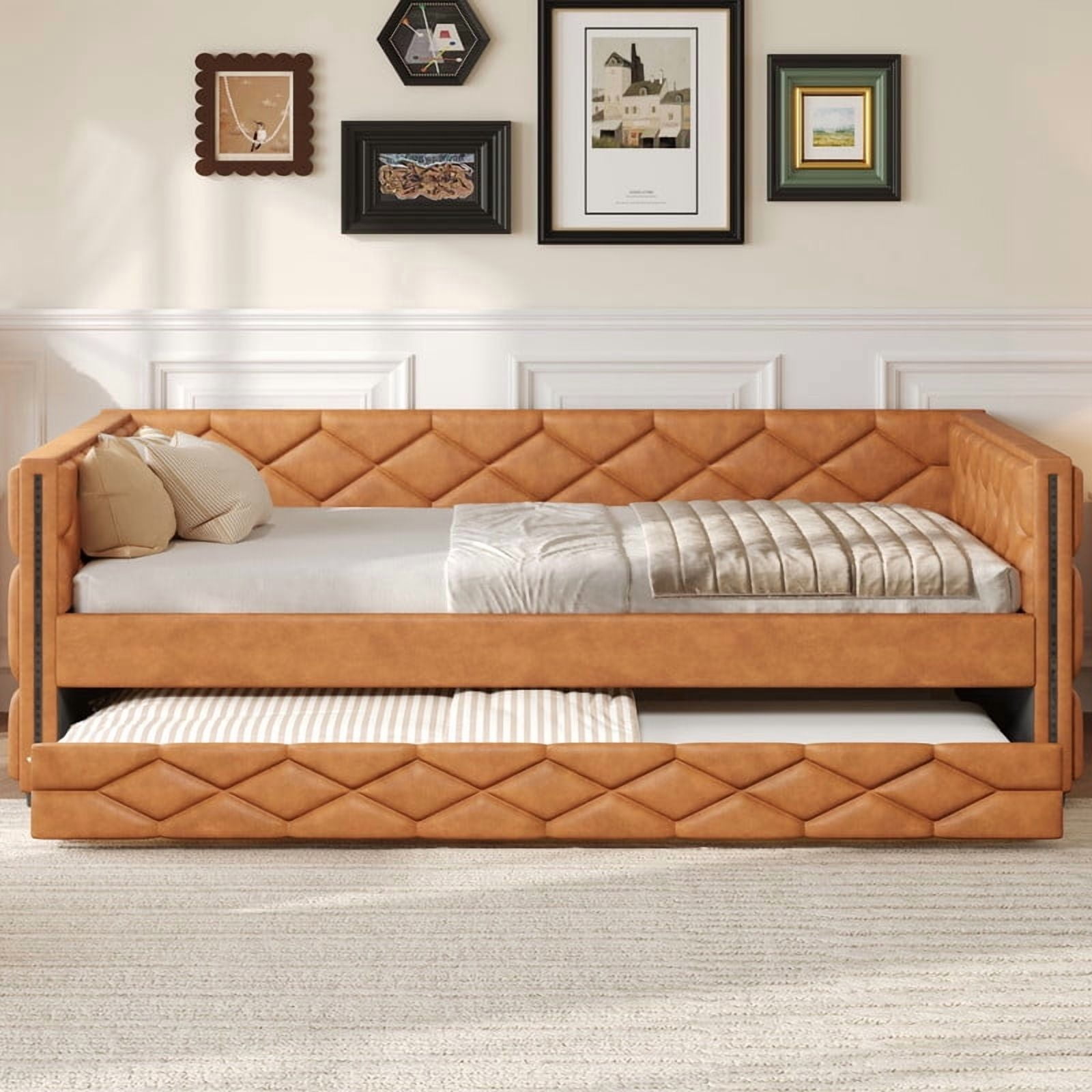 Full XL Size Faux Leather Upholstered Daybed with Twin Size Trundle, Low-Profile Sofa Bed Frame with LED Lighting Armrests