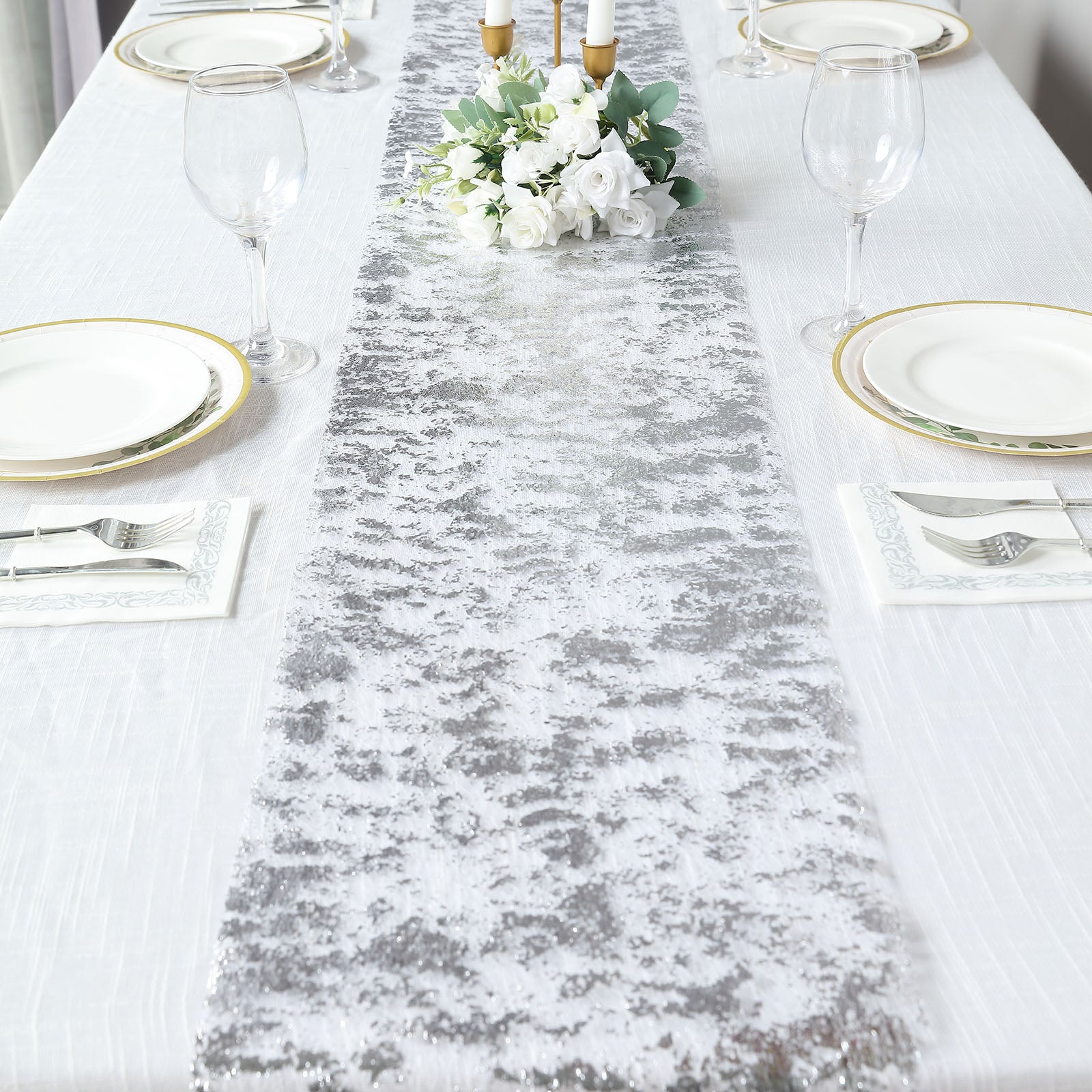 Efavormart 48 inchx120 inch White Pearl Embellished Sheer Tulle Table Runner, Elegant Formal Table Linen