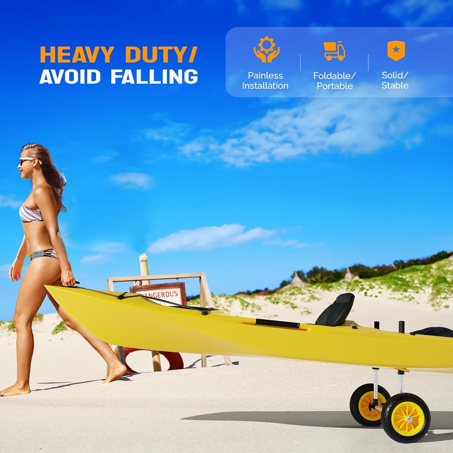 HJTER Kayak Cart with 10in Kayak Wheels, 7.1"-17.1" Adjustable Width, Detachable Kayak Dolly with Adjustable Angle Kickstand, Strap Free Kayak Trolley for Sit on Top Kayaks