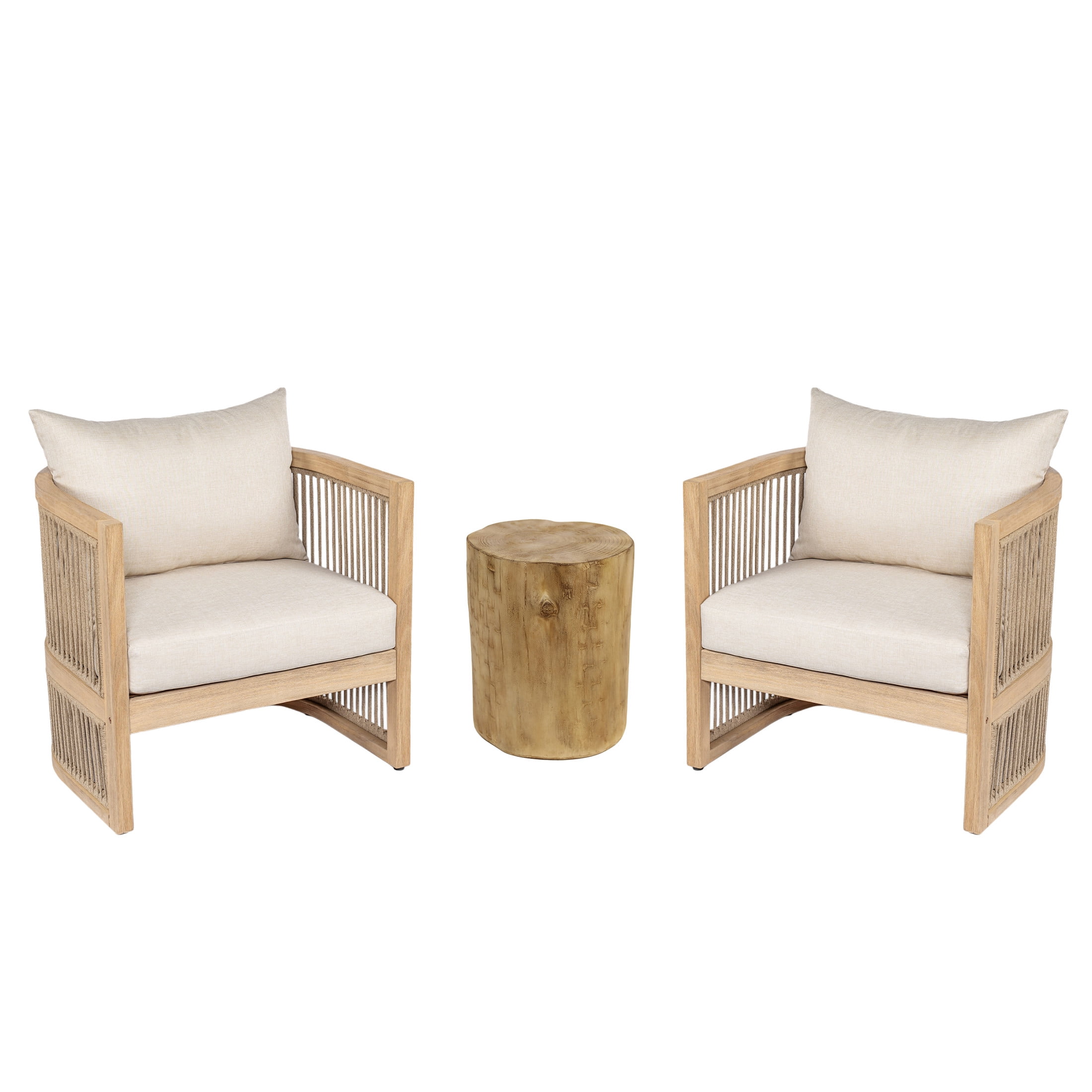 Christopher Knight Home 3-Piece Outdoor Acacia Wood Club Chair Set and MGO Side Table, Light Teak+Beige