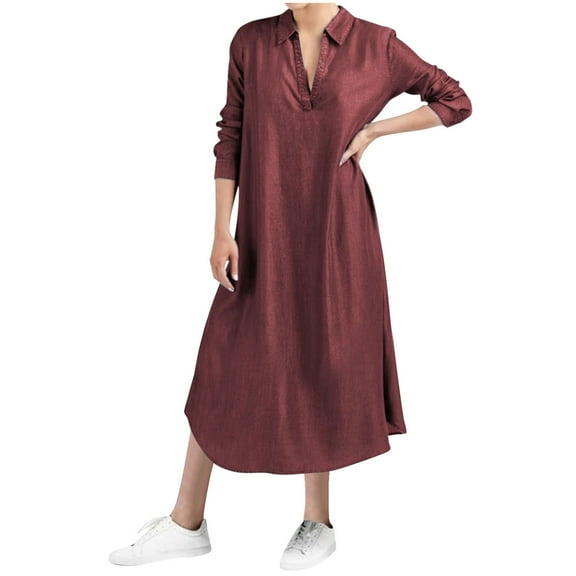 AherBiu Maxi Dresses for Women Plus Size Long Sleeve Lapel V Neck Business Casual Shirt Tall Dress