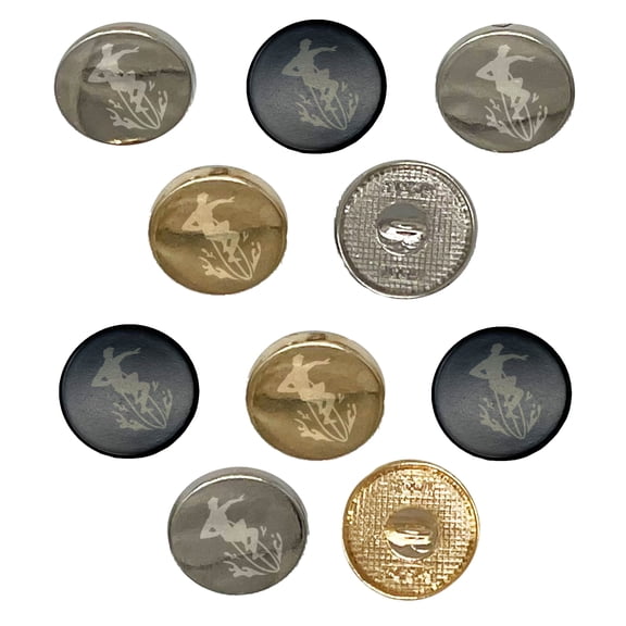 Surfer Surfing Man Silhouette Set of 10 Metal 0.6" (15mm) Sewing Shank Round Buttons - Silver Color