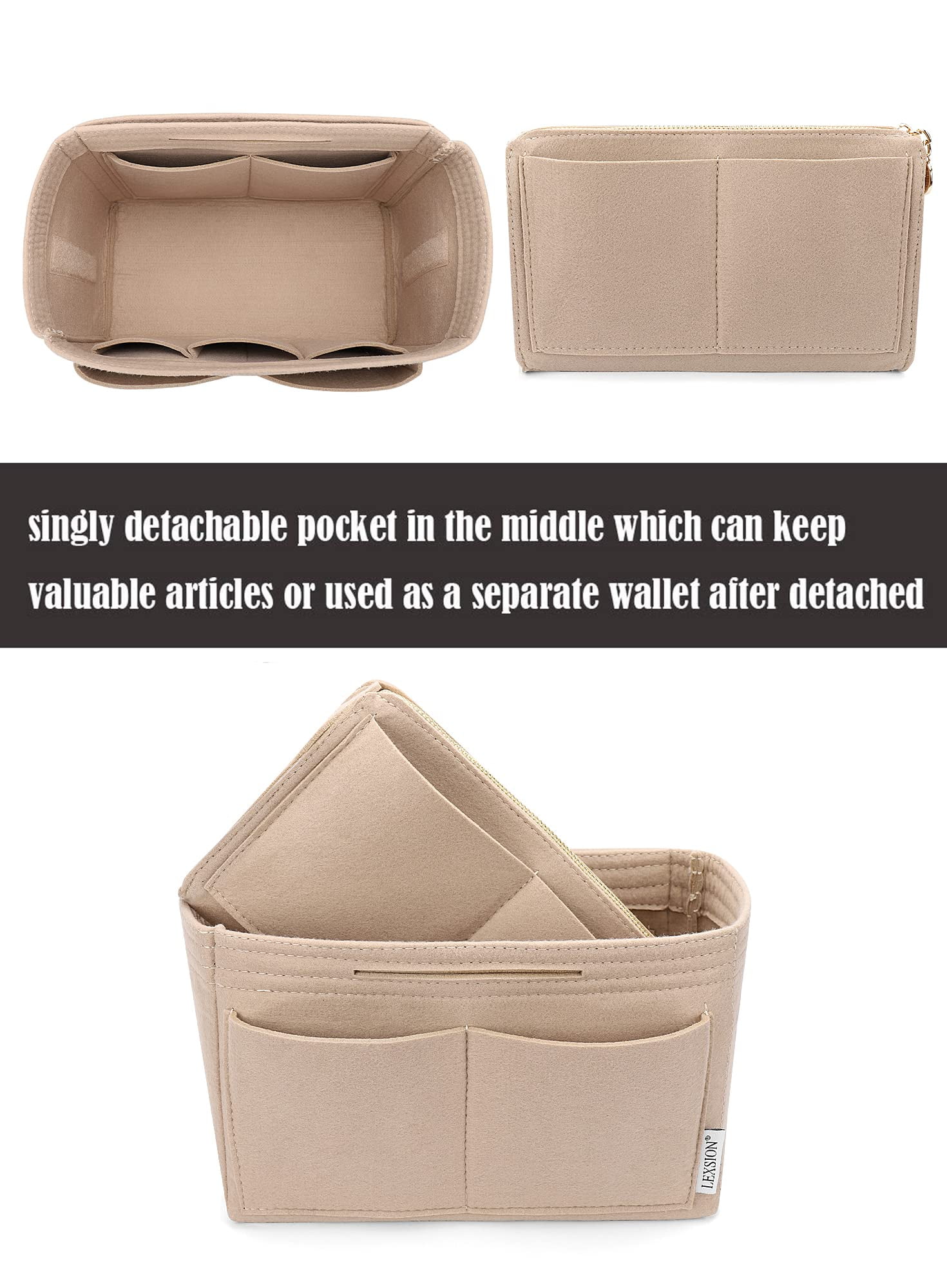 Graceful MM Organizer] Felt Purse Insert with Middle Zip Pouch, Custo
