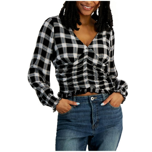 Crave Fame Womens Plaid Smocked Knit Blouse, blackplaid, Juniors, M