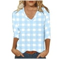 thumbnail image 2 of Fall Saving!QUINDOS 3/4 Sleeve Tshirts for Women Plaid Ladies Tops Loose Fit Light Blue Casual V-Neck Plaid Tops, 2 of 4