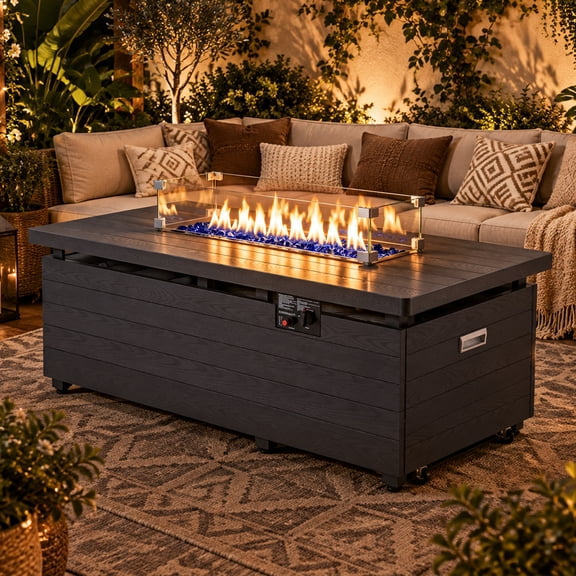 Guqiart 50" Outdoor Rectangular Propane Fire Pit Table, 50000 BTU Gas Fire Table with Glass Wind Guard, Sliding Tank Holder, Removable Lid, CSA Certified, Gray