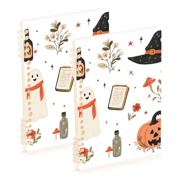 FORMRS 1-Subject Spiral Notebook 8" x 5" College Ruled 60 Refillable Sheet A5 Hard Cover, 2 Pack, White Halloween Ghosts
