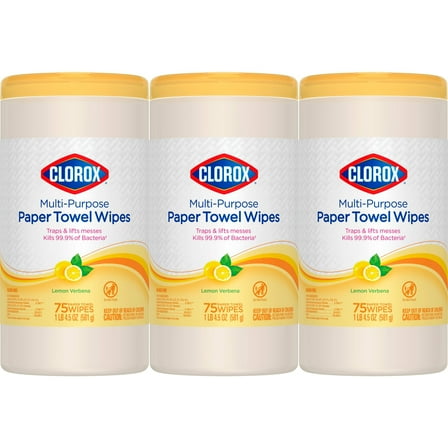 Clorox Multi-Purpose Paper Towel Wipes, Lemon Verbena, 75 Wipes Each, Pack Of 3