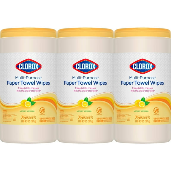 Clorox Multi-Purpose Paper Towel Wipes, Lemon Verbena, 75 Wipes Each, Pack Of 3