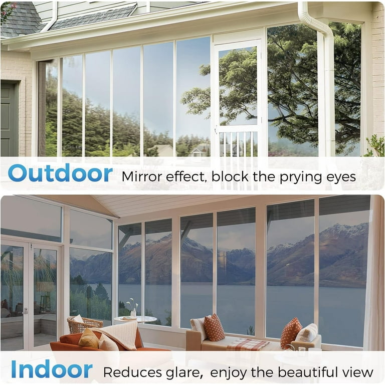Sanmadrola Window Privacy Film One Way Mirror Film Daytime Privacy Static Non-Adhesive Decorative Heat Control Anti UV Window Tint for Home and Office
