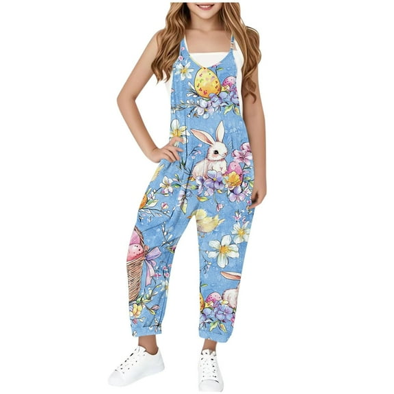 Toddler Sleeveless Jumpsuit Girls'S Medium And Large Children'S Summer Suspenders Funny Easter Printed Jumpsuit Blue 11-12 Years