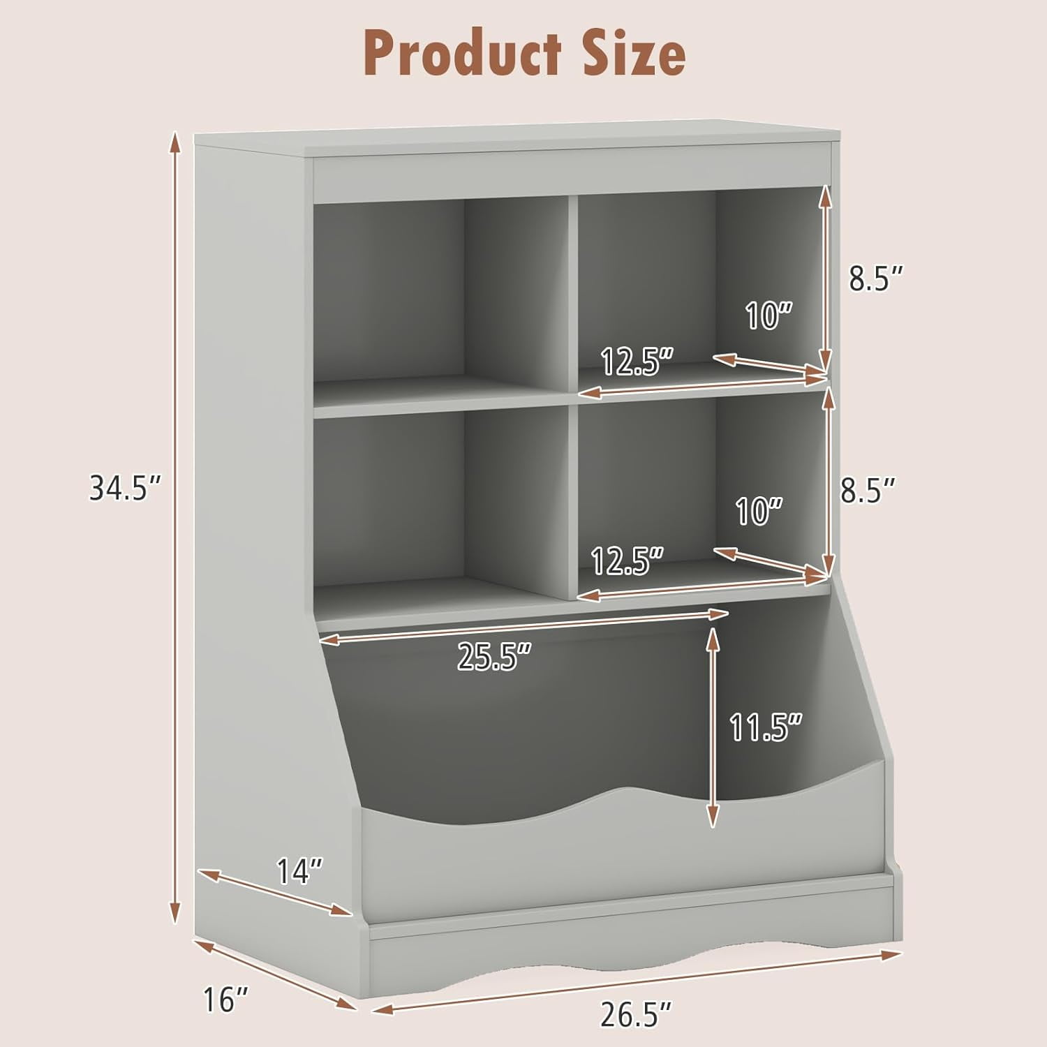 LINJH Storage Cabinet, Small Bookshelf, Short Bookcase with 4 Open Cube & Bottom Compartment, Anti-Tipping Device, Foot Pads, Cubby Storage Organizer for Study, Living Room-Grey