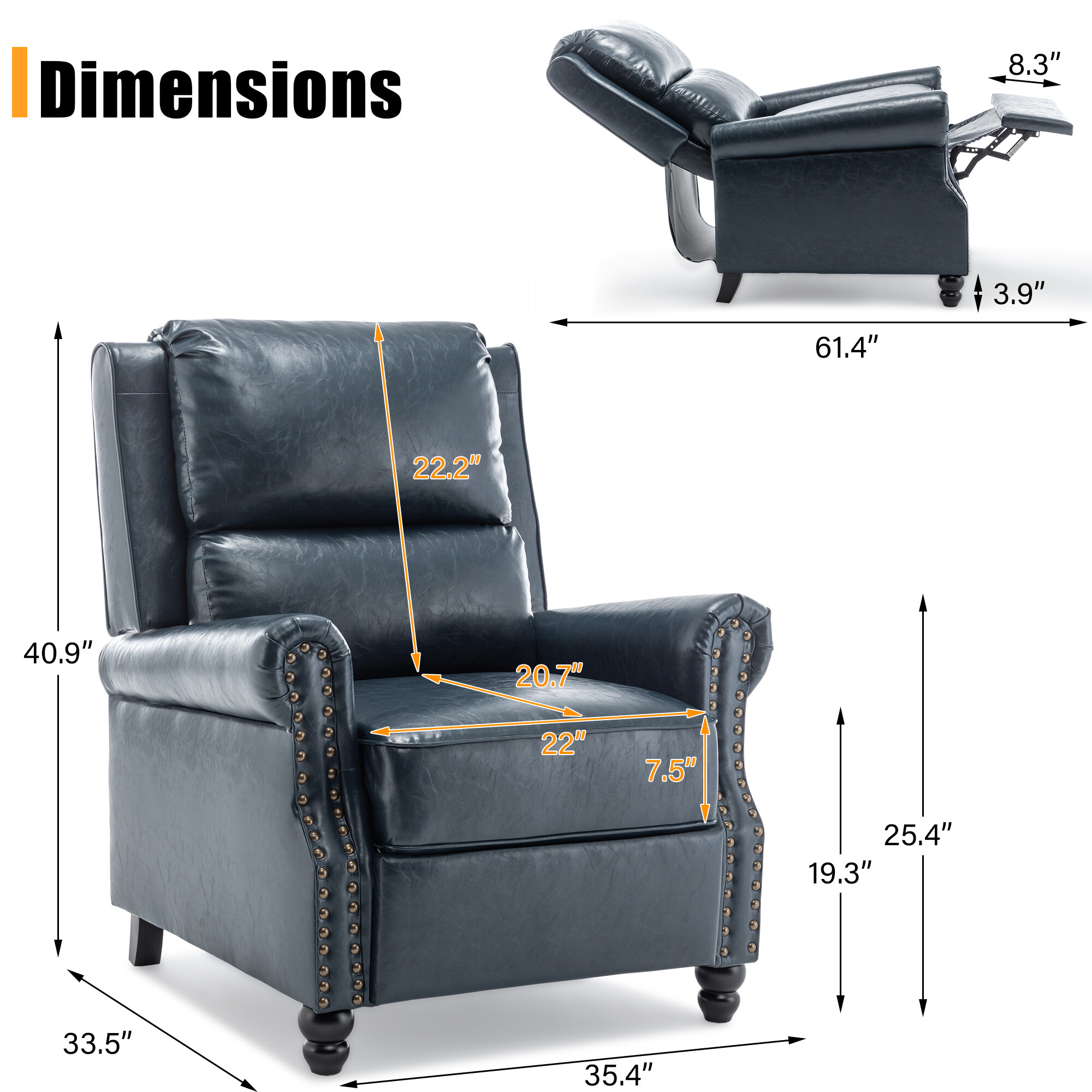 DREAMSIDEA Pushback Recliner Chair Faux Leather Wingback Chair Home Theater Single Sofa for Living Room, Navy Blue