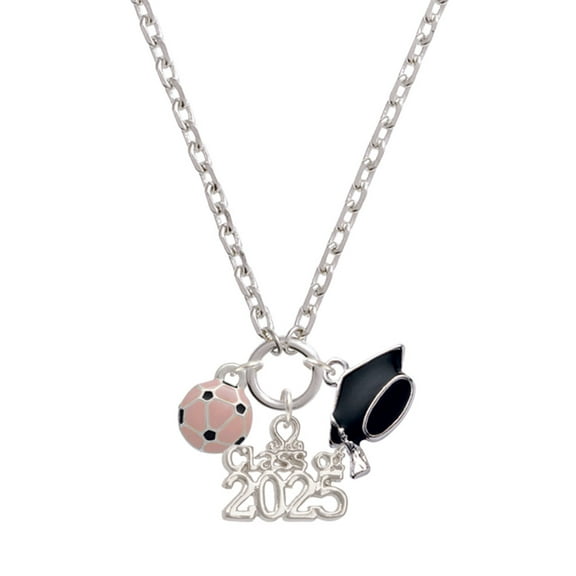 Delight Jewelry Silver-tone Mini Pink Soccer ball - Silver-tone Class of 2025 Graduation Zoey Necklace, 28"