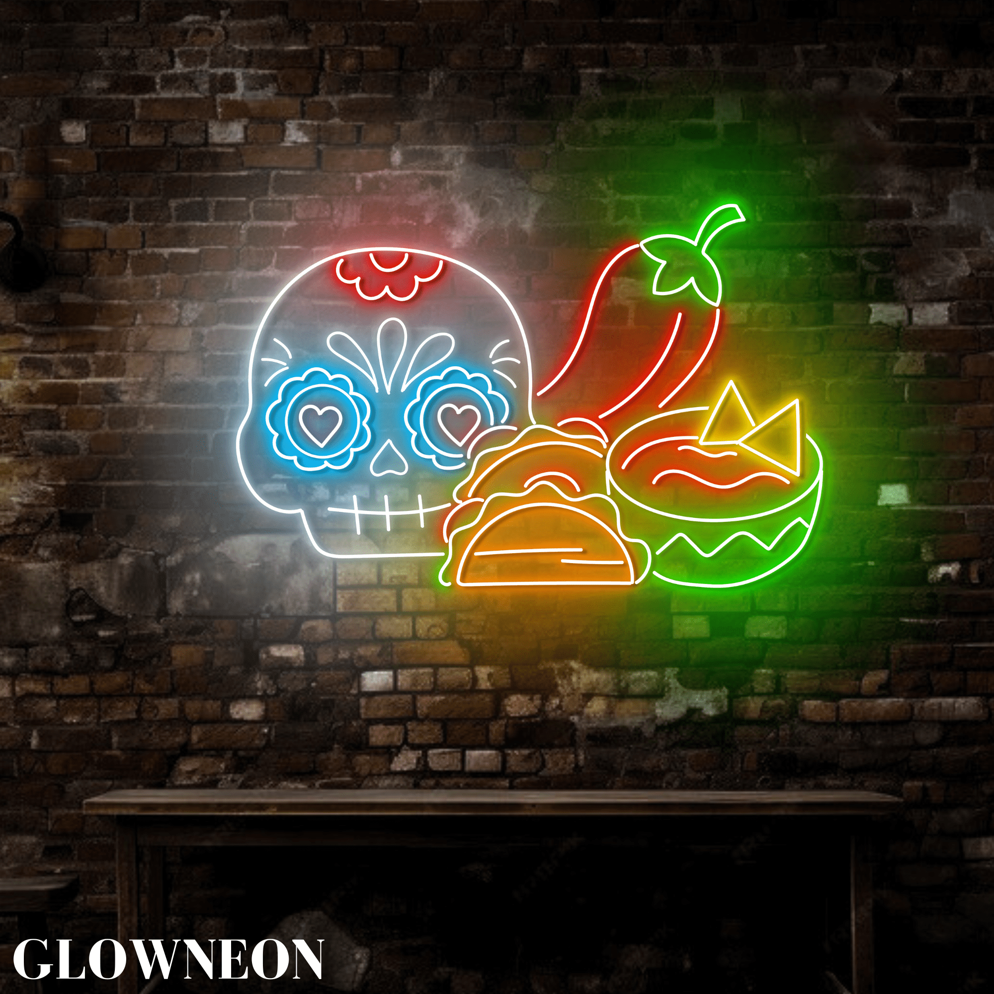 Glowneon Skull Mexican Food Neon Sign, Mexican Taco Nacho Diner Decor