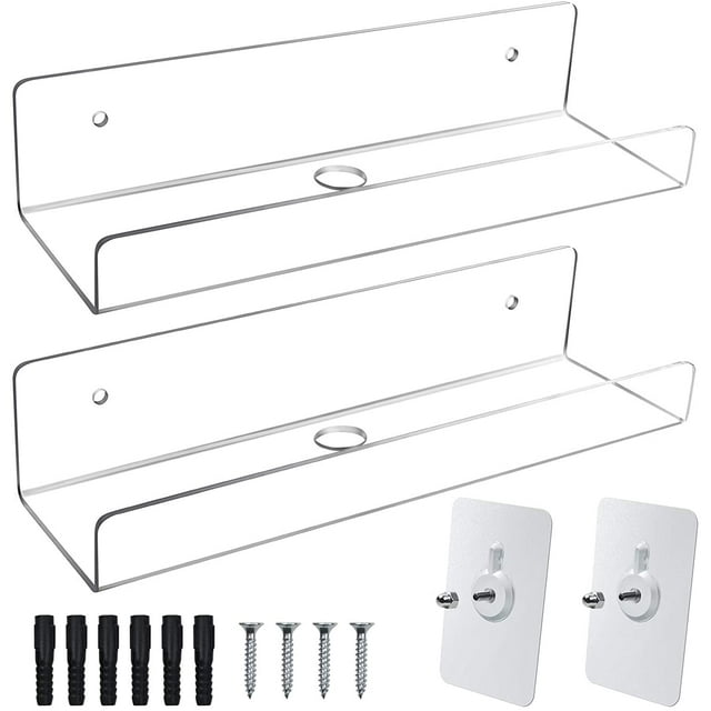 HTOOQ 2 Pack Clear Acrylic Floating Wall Shelf 10'', Invisible Wall Mounted Ledge Shelf, Small Display Shelves for Smart Speaker/Action Figures, Great for Room Bathroom Office Home Display - -