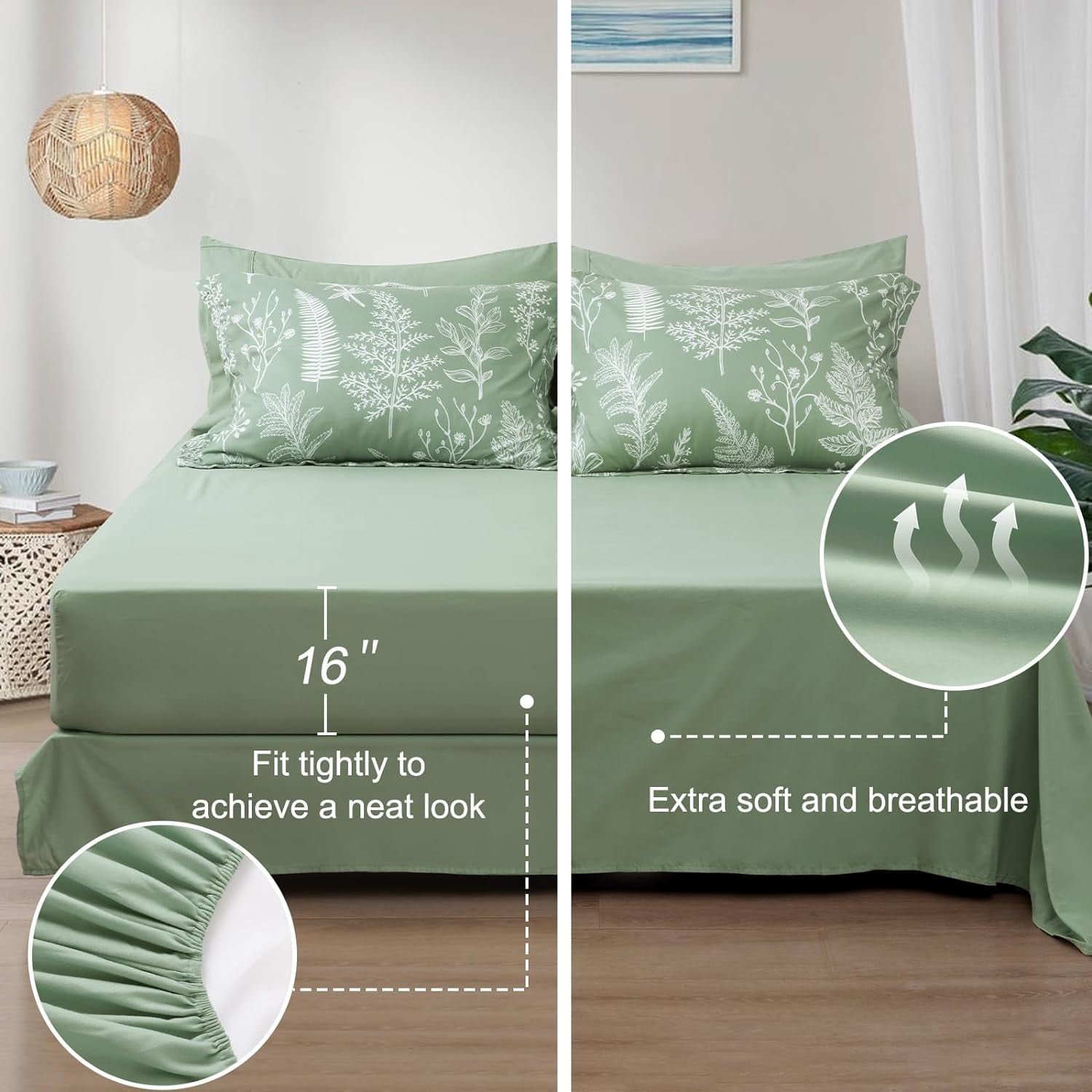 PHF 5 Pieces Printed Twin Comforter Set, Lightweight Reversible Botanical Bedding Set Include Comforter, Pillow Sham, Flat Sheet, Fitted Sheet and Pillowcase, Sage Green