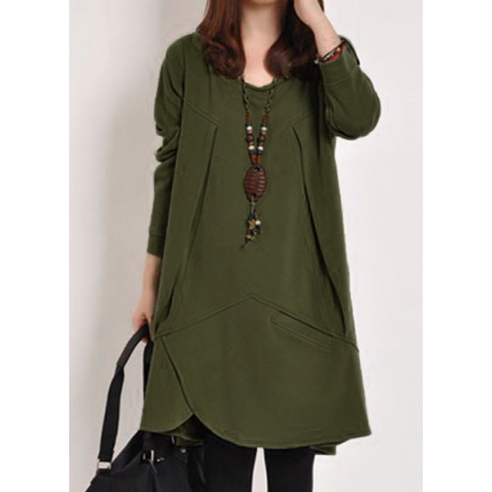 Vintage Ethnic Women Loose Dress Solid Pocket Drape Irregular Round Neck Long Sleeve Casual One Piece Walmart Canada