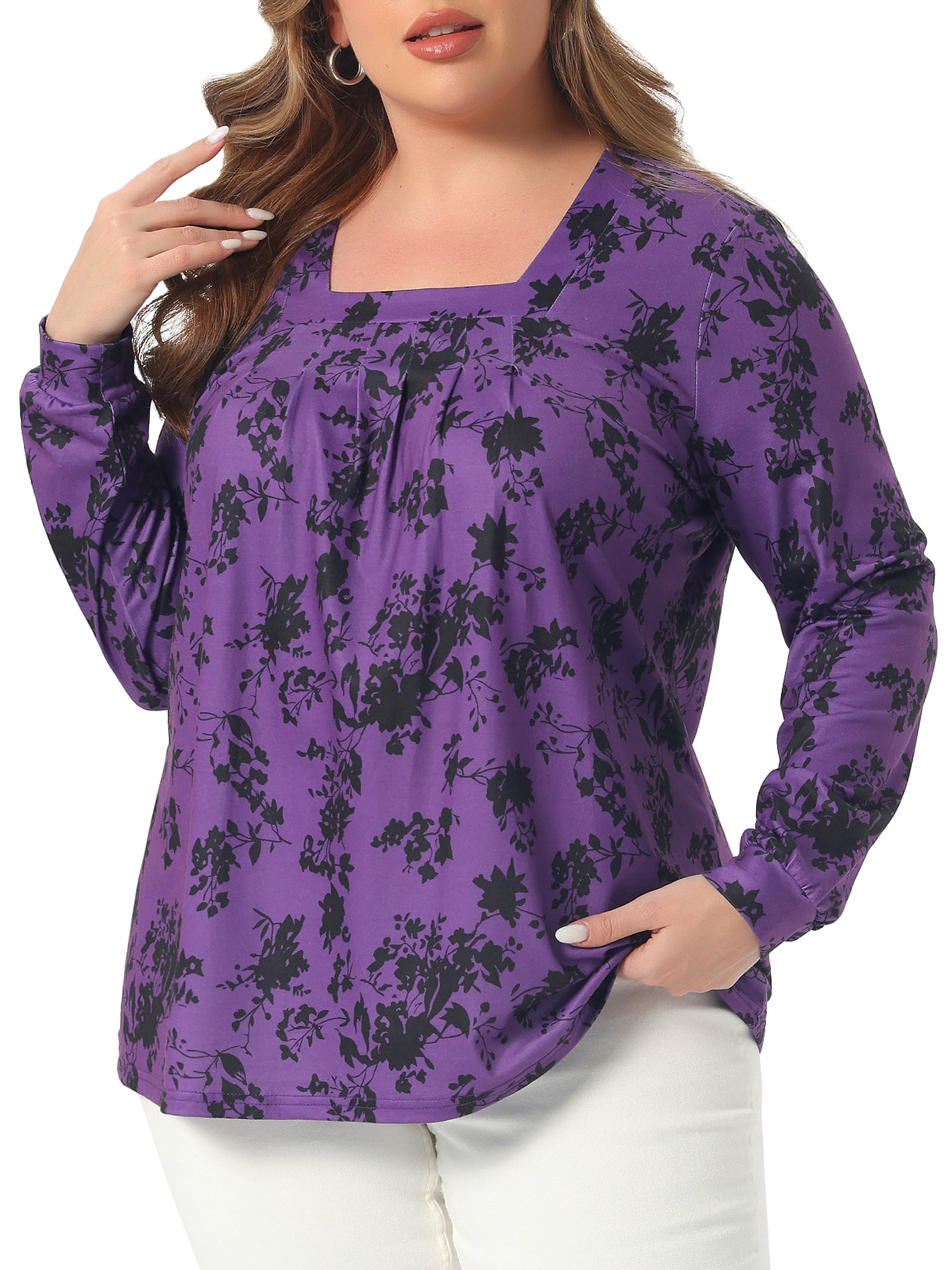 DARING DIVA  Women's Plus Floral Square Neck Blouse 2X Purple