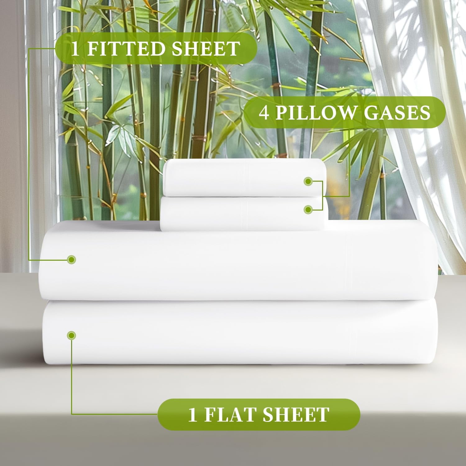 100% Viscose Derived from Bamboo_ Sheets Queen Size 6pcs - Ultra Cooling & Silky Soft Bed Sheets, 16" Deep Pocket, Perfect for Hot Sleepers, Hotel Bedding Sheets (White)