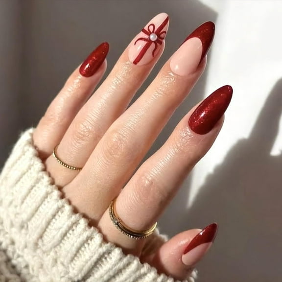 Christmas Press on Nails Extra Long Stiletto Fake Nails Glitter Bow Snowflake Acrylic Nails Matte Winter Xmas Glue on Nails with French Tip Design Reusable Stick on Nails for Women Multicolor