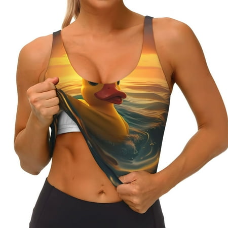 Qokaie Cartoon Swimming Yellow Duck Pattern Womens Scoop Neck Sports Bra Breathable Workout Vest Padded U Back Medium Impact Fitness Gym Yoga Bra Workout Crop Top
