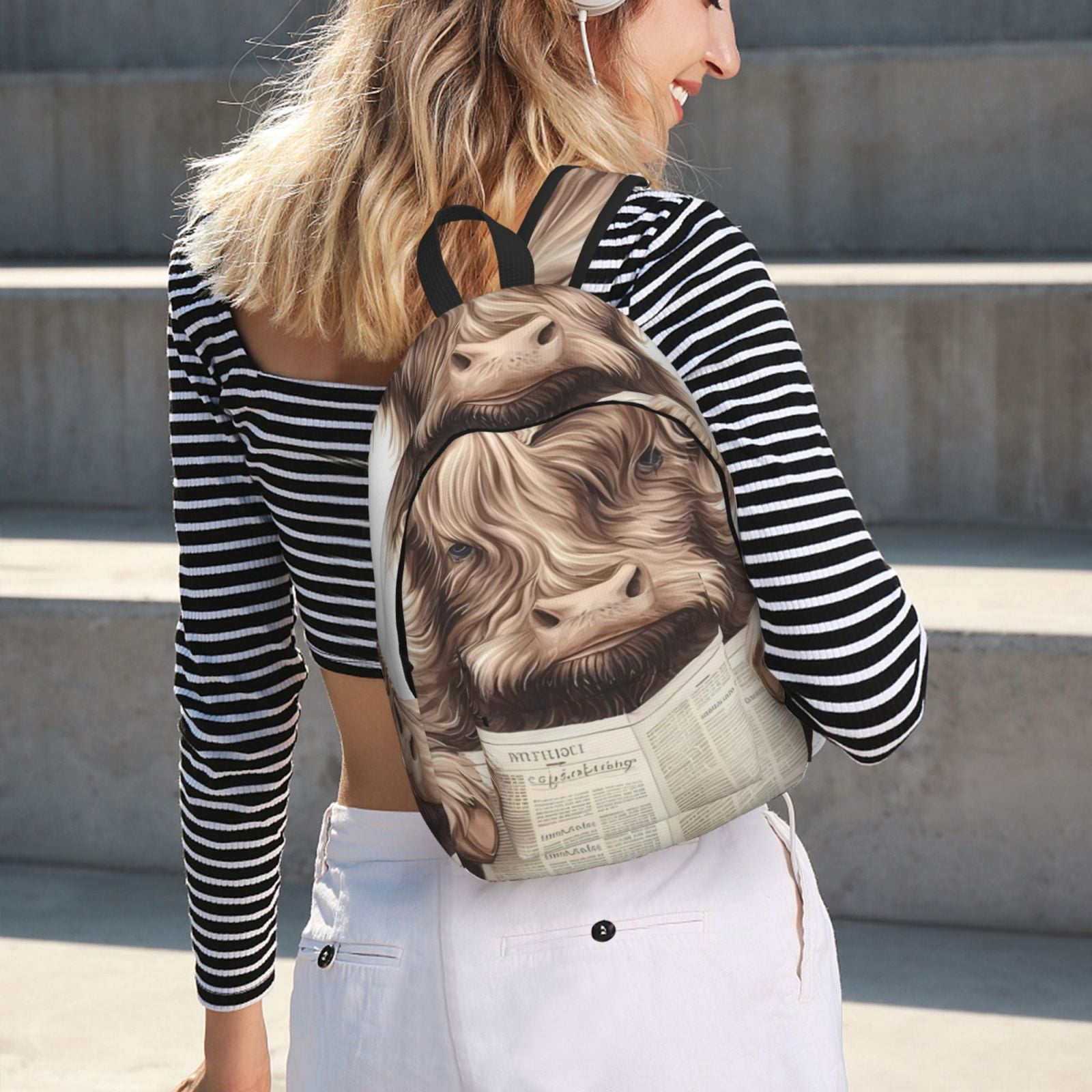 Picia Relaxed Cute Cow Reading Printed Canvas Daypack - Stylish and Durable Vintage Compact Backpack - Class, Work, Travel, or Laptop Bookbag,Organized Compartments-Small
